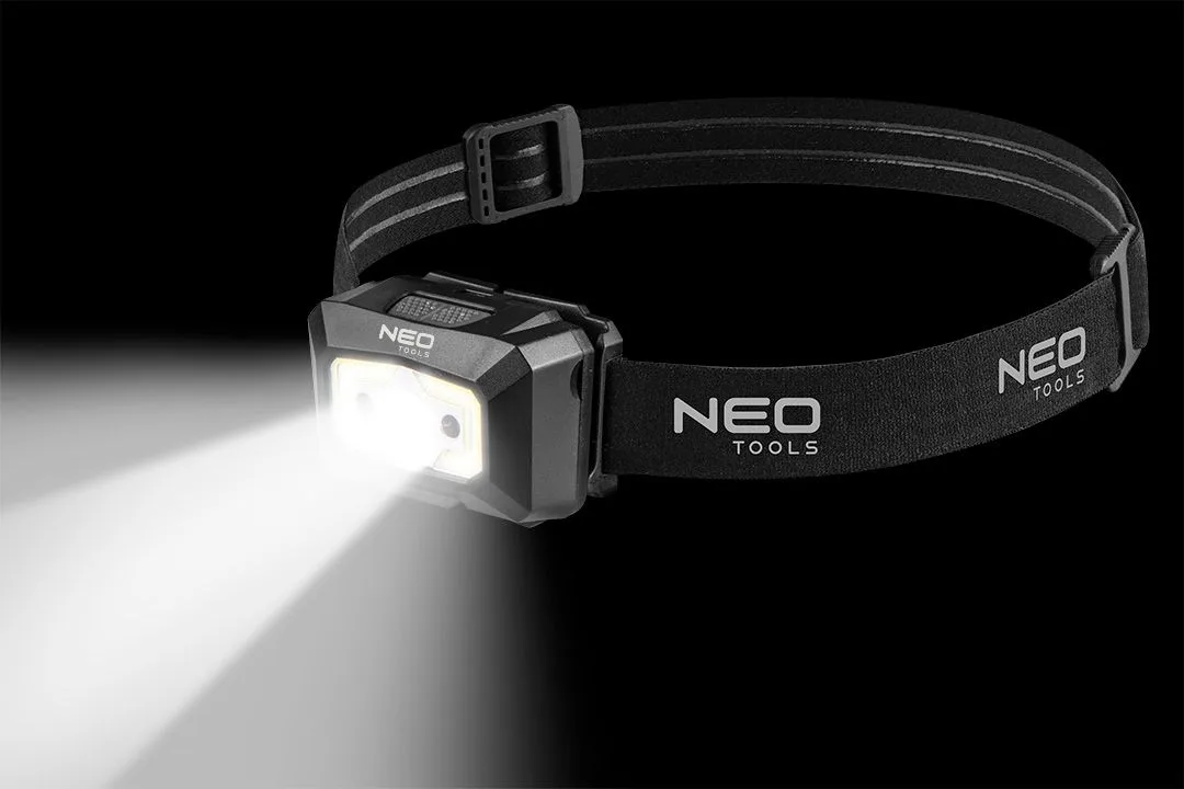 Ліхтар налобний акумуляторний Neo Tools, 1200мА·год, 250лм, 3Вт, 5 функцій освітлення, червоне світло, датчик руху, індикатор заряду