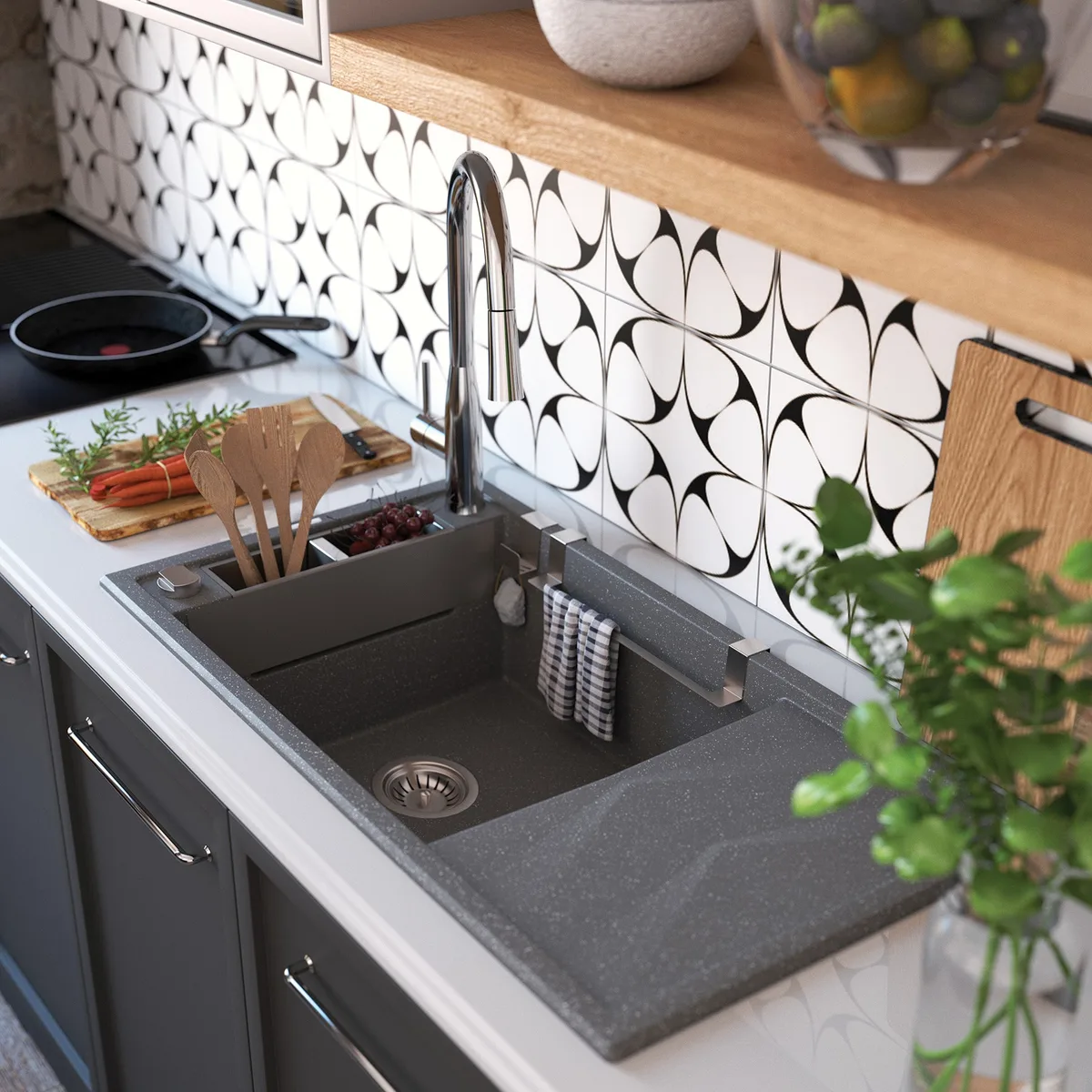 Кухонна мийка Deante Magnetic, гранітна, прямокутна, з бічним крилом, розміри 820x500x219 мм, однокамерна, накладна, антрацитового