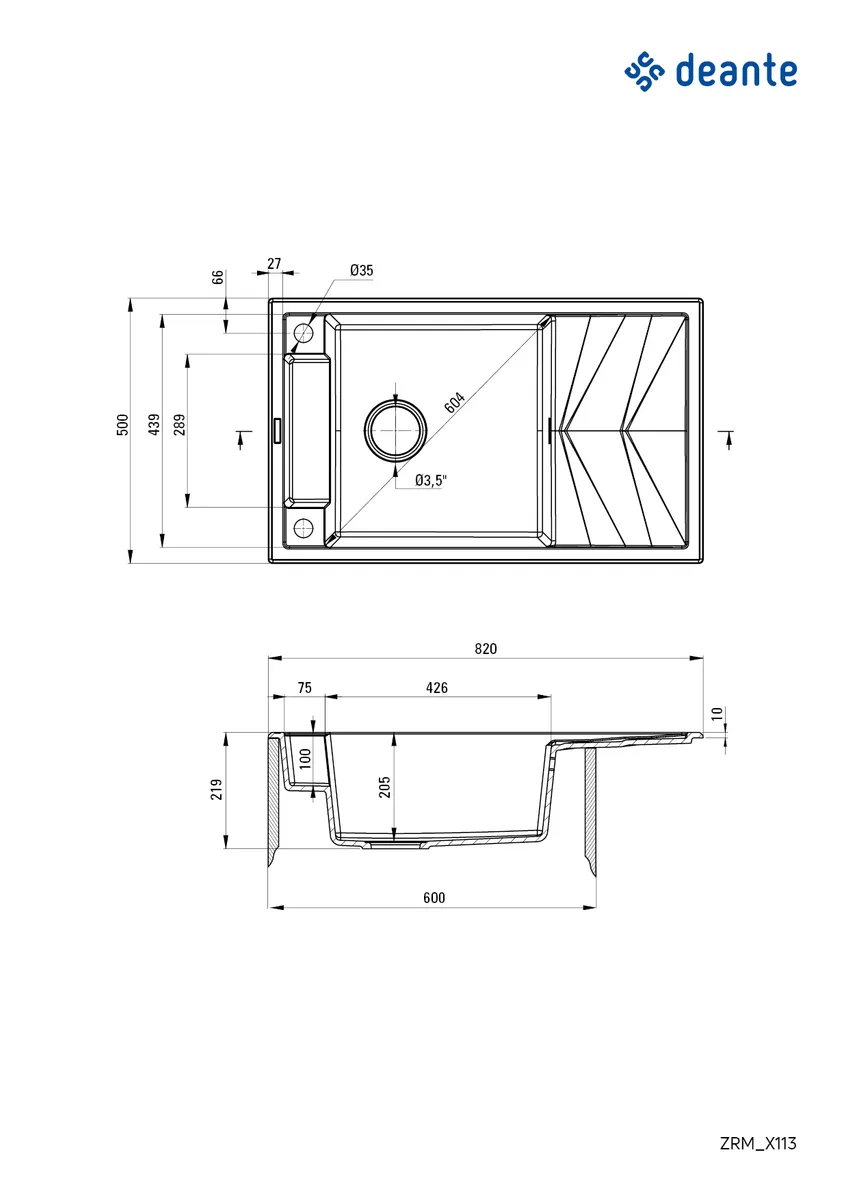 Кухонна мийка Deante Magnetic, гранітна, прямокутна, з бічним крилом, розміри 820x500x219 мм, однокамерна, накладна, антрацитового