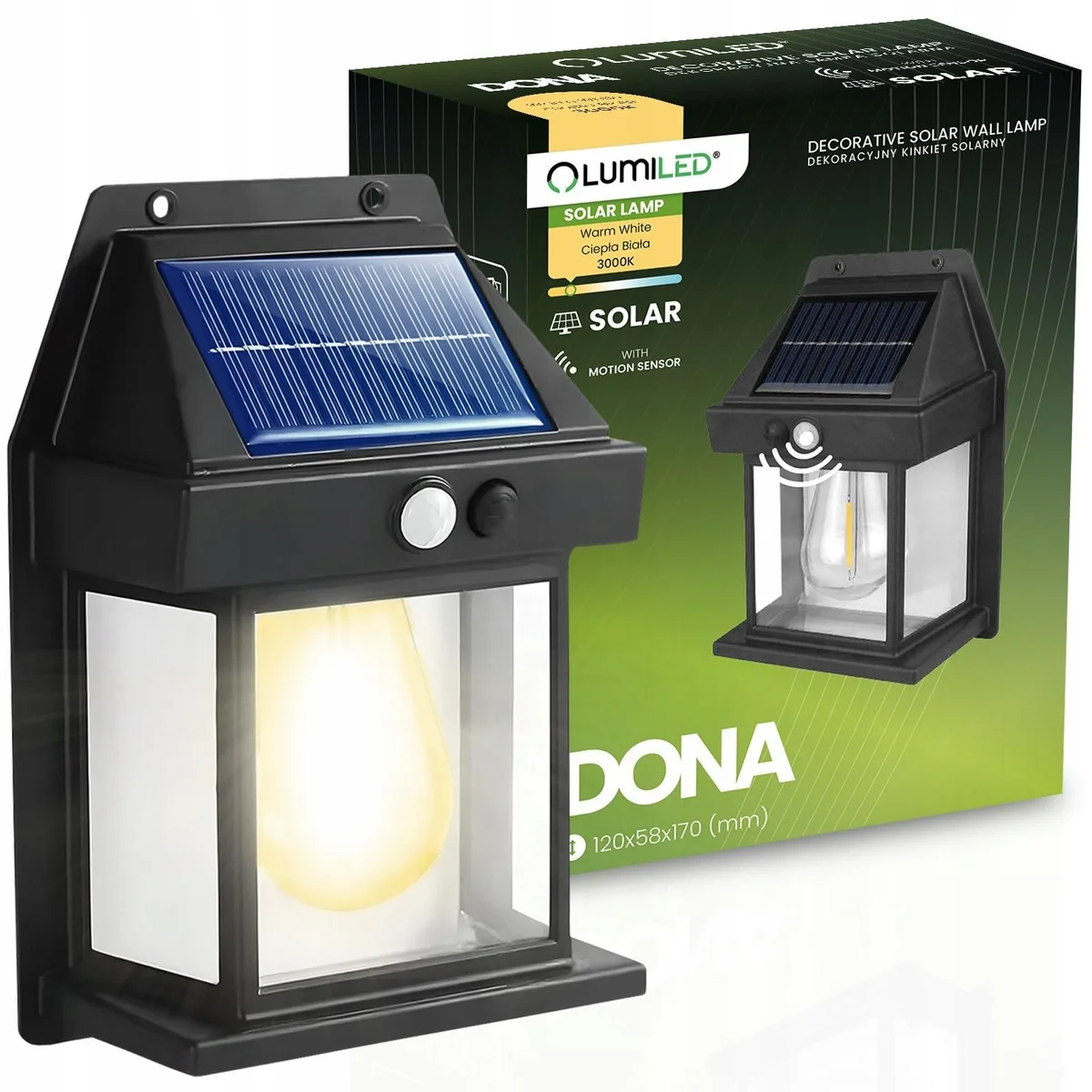 Сонячний LED світильник LumiLED пластик чорний 12х17х5,8 см 3000K з датчиком руху