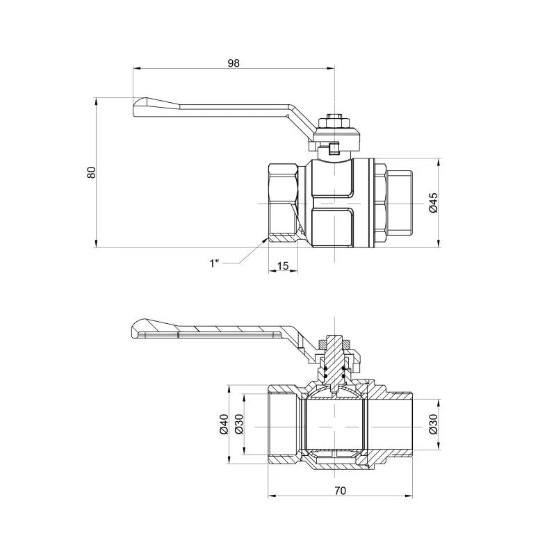 Кран кульовий 1" прямий з латуні червоний важіль ICMA No350