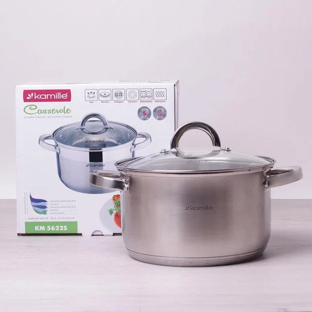 Каструля Kamille нержавіюча сталь 4,5 л 22 см матова зі скляною кришкою