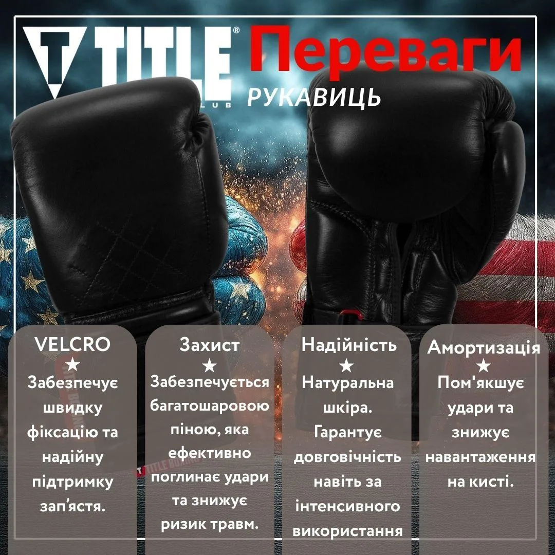 Боксерські рукавиці TITLE натуральна шкіра 16 oz чорні з бинтами 4 м