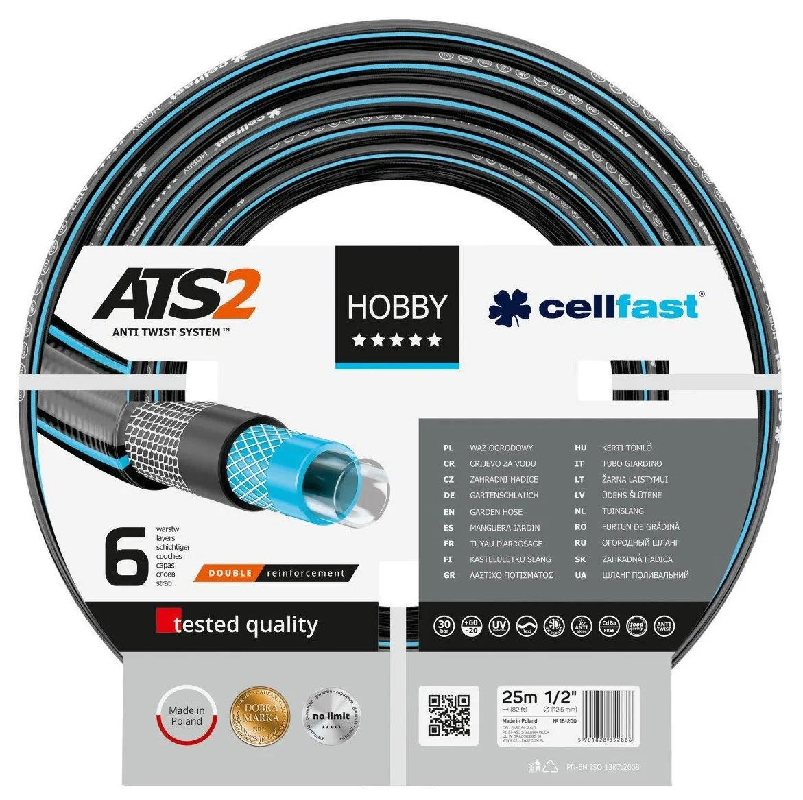 Шланг для поливу Cellfast HOBBY ATS 1/2" 25м, 6 шарів, витримує тиск до 30 бар, температурний діапазон -20...+60°C.