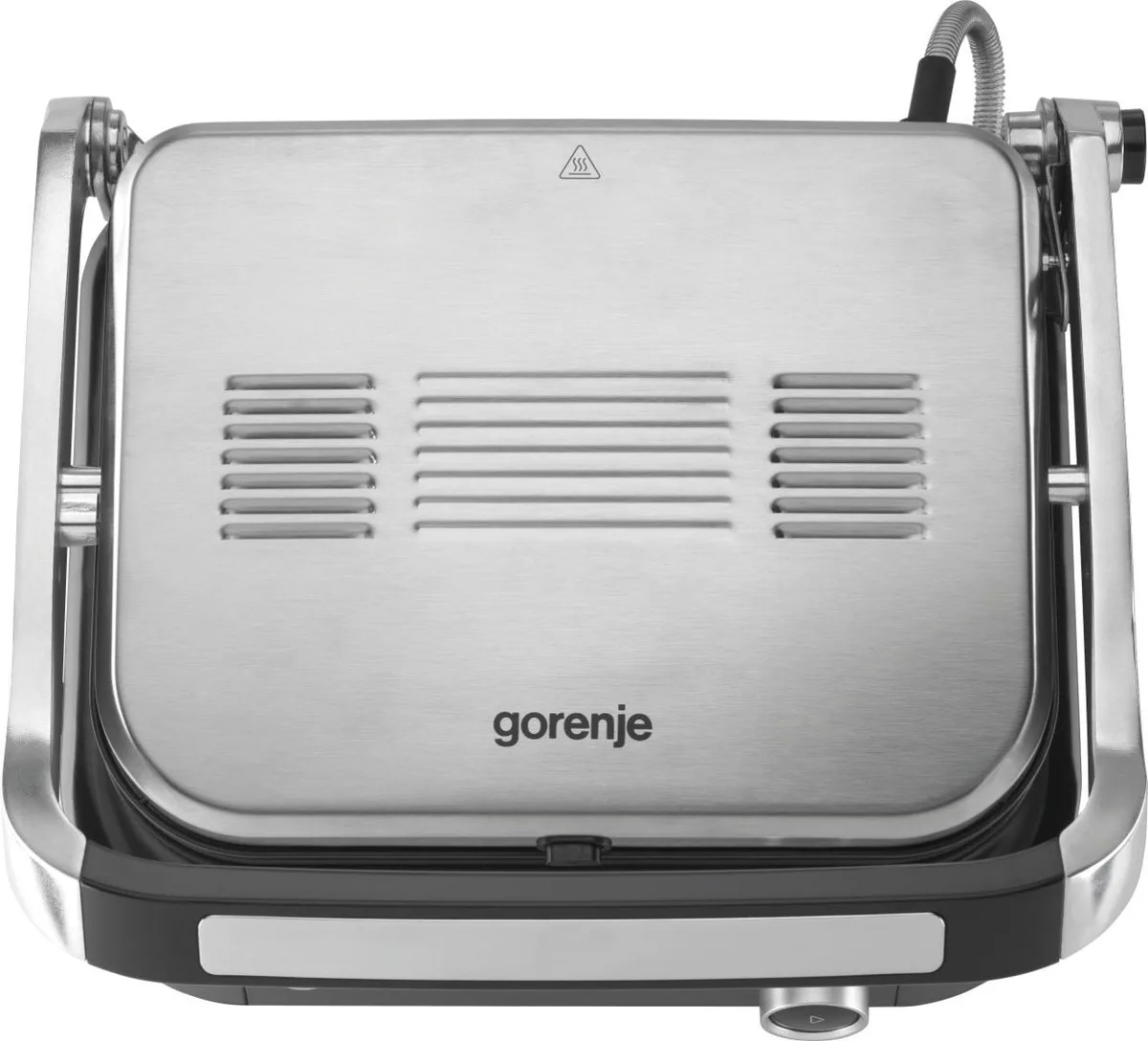 Прижимний гриль Gorenje 2100 Вт, 7 температурних режимів, знімні пластини, можливість відкриття на 180°, металевий корпус, сірий.