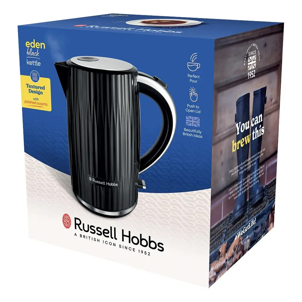 Електрочайник Russell Hobbs Eden, 1.7л, із нержавіючої сталі та пластику, чорного кольору.