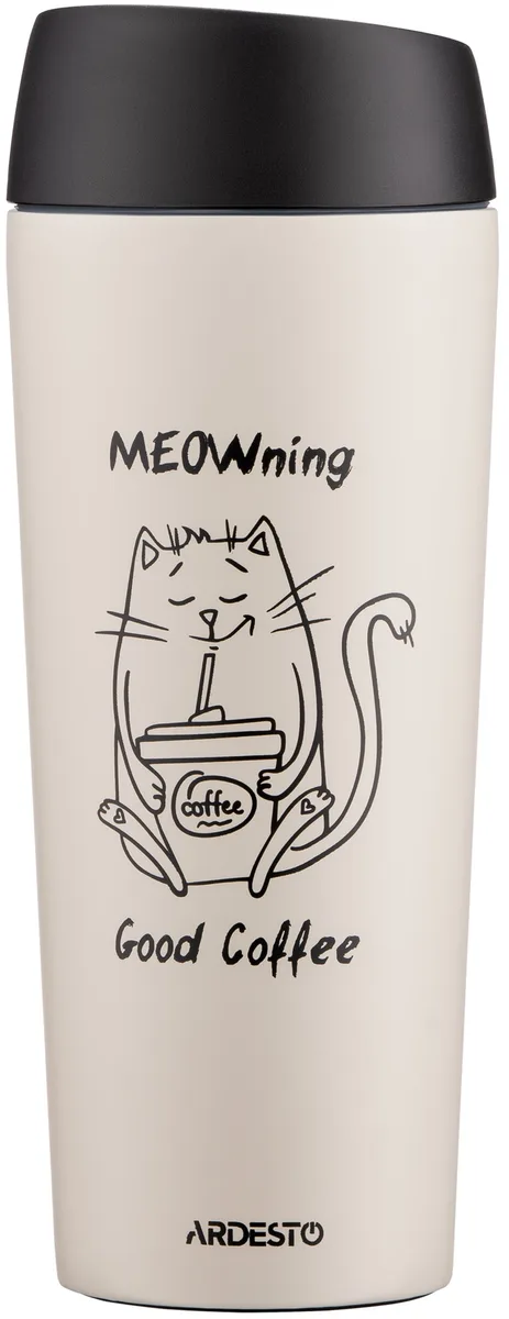 Термос для напоїв ARDESTO Coffee Time Meowning, 450 мл, з нержавіючої сталі, кремового кольору.