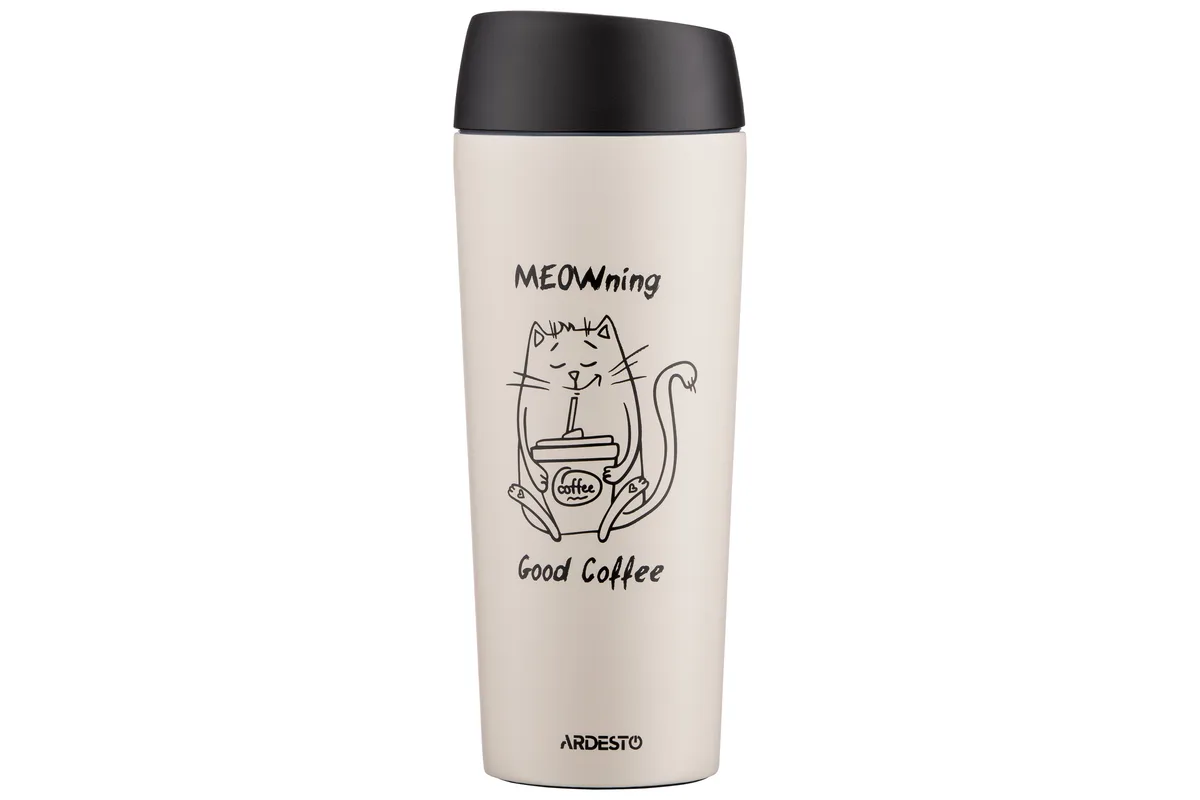 Термос для напоїв ARDESTO Coffee Time Meowning, 450 мл, з нержавіючої сталі, кремового кольору.