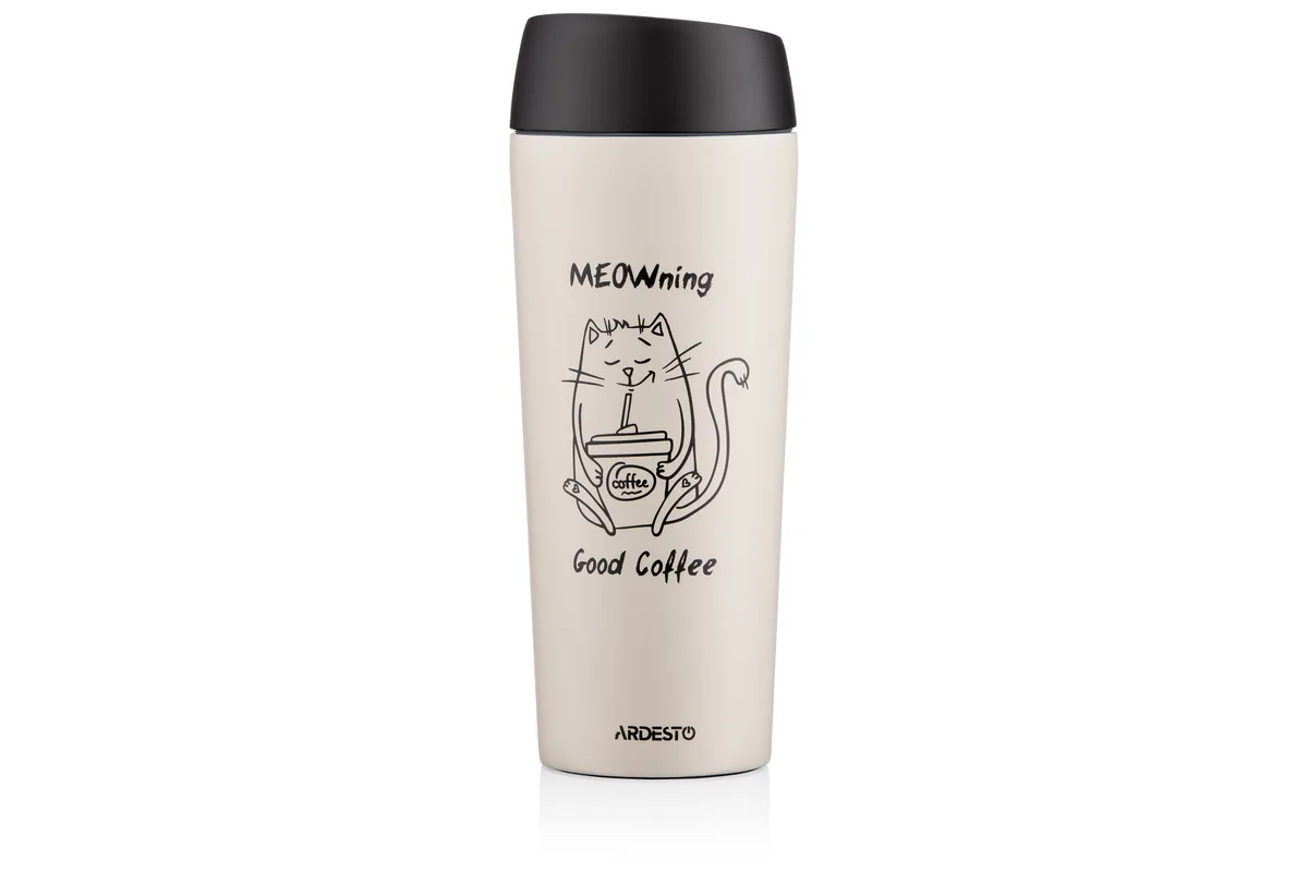 Термос для напоїв ARDESTO Coffee Time Meowning, 450 мл, з нержавіючої сталі, кремового кольору.