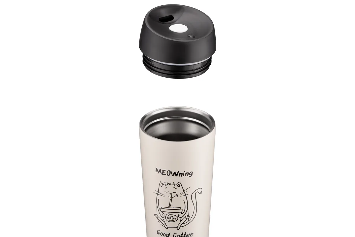 Термос для напоїв ARDESTO Coffee Time Meowning, 450 мл, з нержавіючої сталі, кремового кольору.