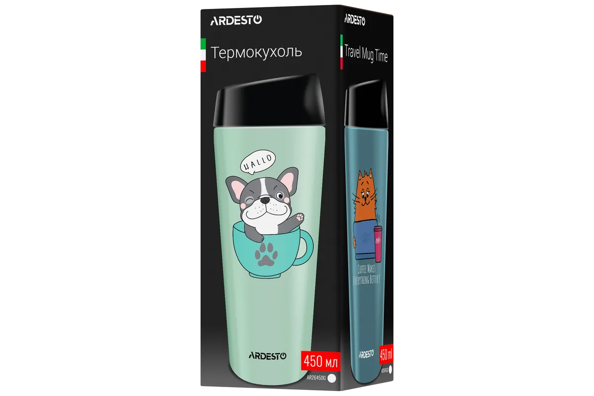 Термос для напоїв ARDESTO Coffee Time Meowning, 450 мл, з нержавіючої сталі, кремового кольору.