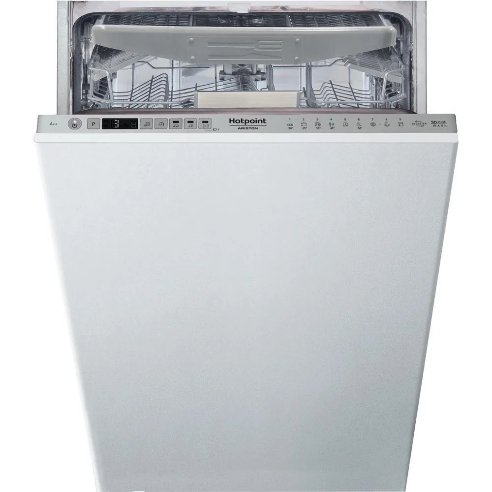 Вбудована посудомийна машина Hotpoint, 10 комплектів, клас енергоефективності A++, 45 см, з дисплеєм та третім кошиком, біла.
