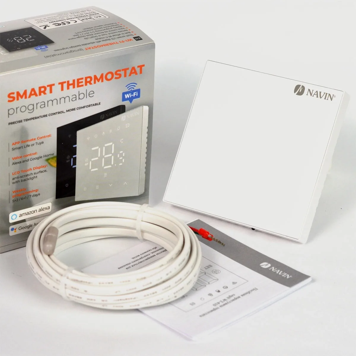 Терморегулятор Navin WT410W-16A 5...35 °C для теплої підлоги електронний Wi-Fi Tuya, Smart Life вбудований дротовий датчик 16A 230В білий