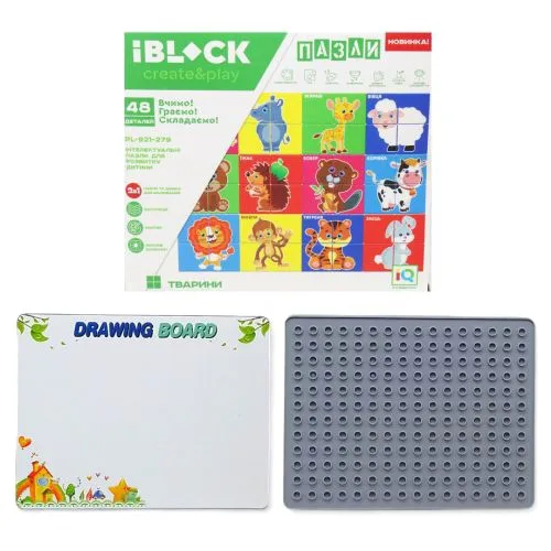 Конструктор-пазли iBLOCK Тварини 48 деталей з дошкою для малювання 2в1 для дітей від 3 років