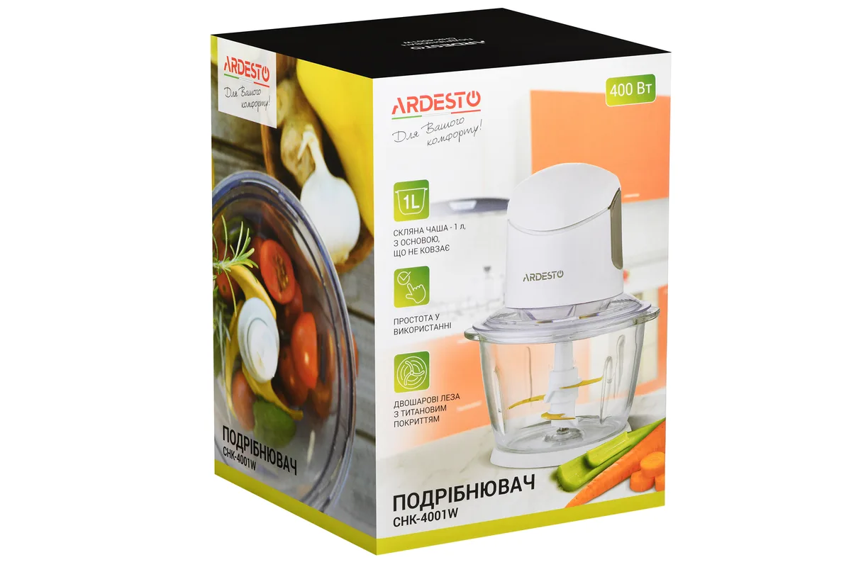 Подрібнювач ARDESTO, 400 Вт, чаша 1000 мл, скляна, пластиковий корпус, білий.