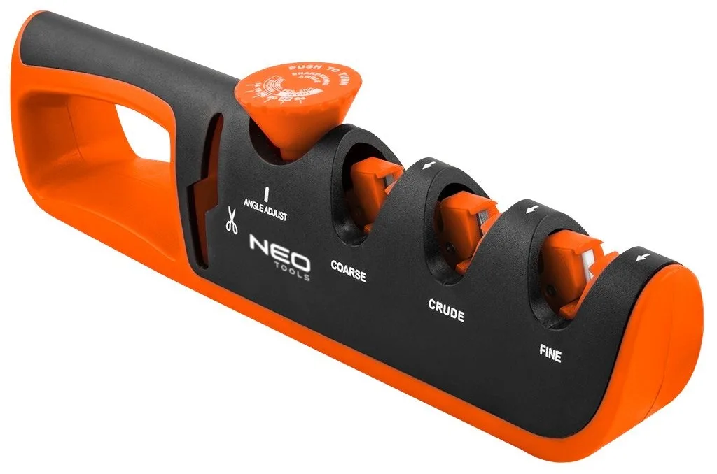 Точильний пристрій для ножів та ножиць Neo Tools, 77х290х47мм, 3 стадії заточування, алмазна, карбід вольфраму та керамічна обробк