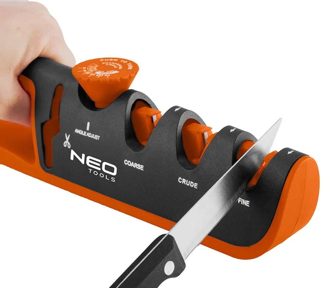 Точильний пристрій для ножів та ножиць Neo Tools, 77х290х47мм, 3 стадії заточування, алмазна, карбід вольфраму та керамічна обробк