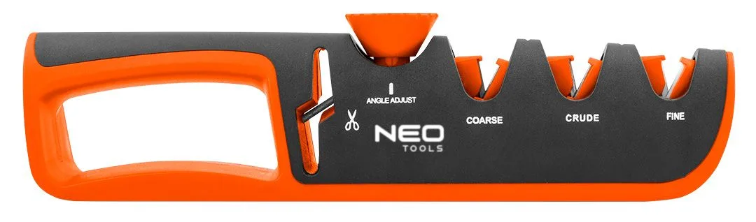 Точильний пристрій для ножів та ножиць Neo Tools, 77х290х47мм, 3 стадії заточування, алмазна, карбід вольфраму та керамічна обробк