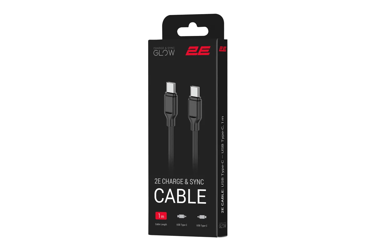 Кабель USB-C > USB-C заряджання/синхронізації 2E 1м, 60Вт Type-C, Glow, чорний