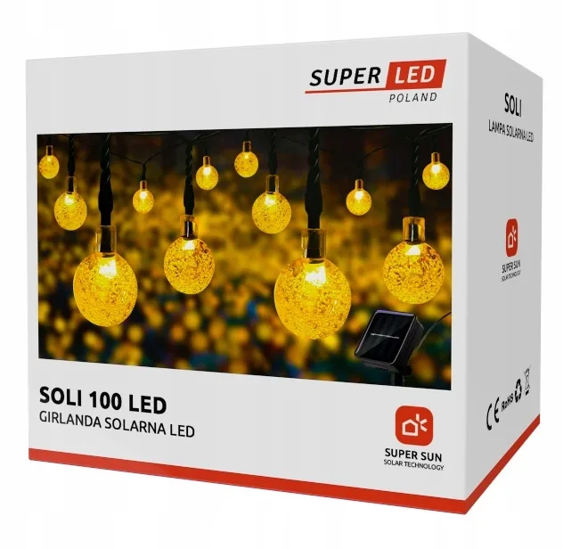 Солнечная гирлянда SuperLED пластиковая 19 м теплый белый свет 100 LED-шаров