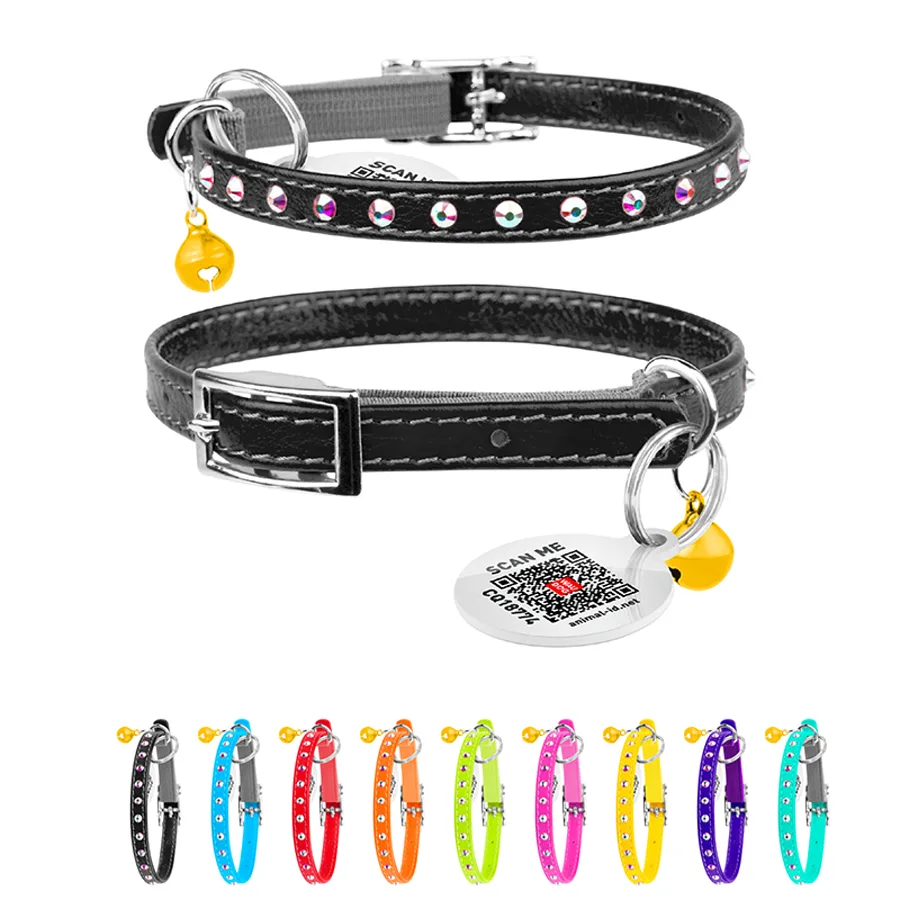 Нашийник WAUCAT Glamour 22-30 см шкіра чорний з резинкою та стразами