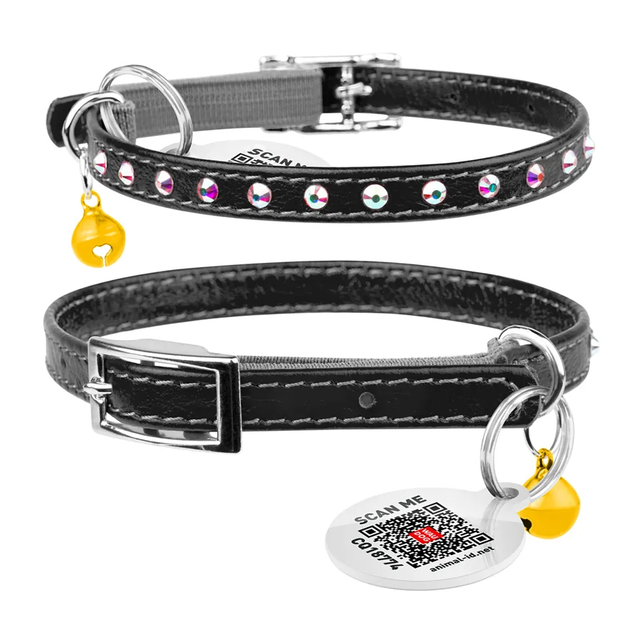 Нашийник WAUCAT Glamour 22-30 см шкіра чорний з резинкою та стразами