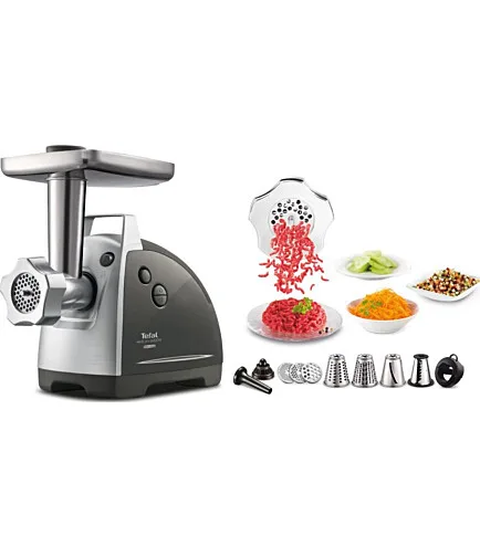 М'ясорубка Tefal 2000Вт пластик метал чорна 4.58кг/хв 3 решітки насадки для ковбас кеббе терки