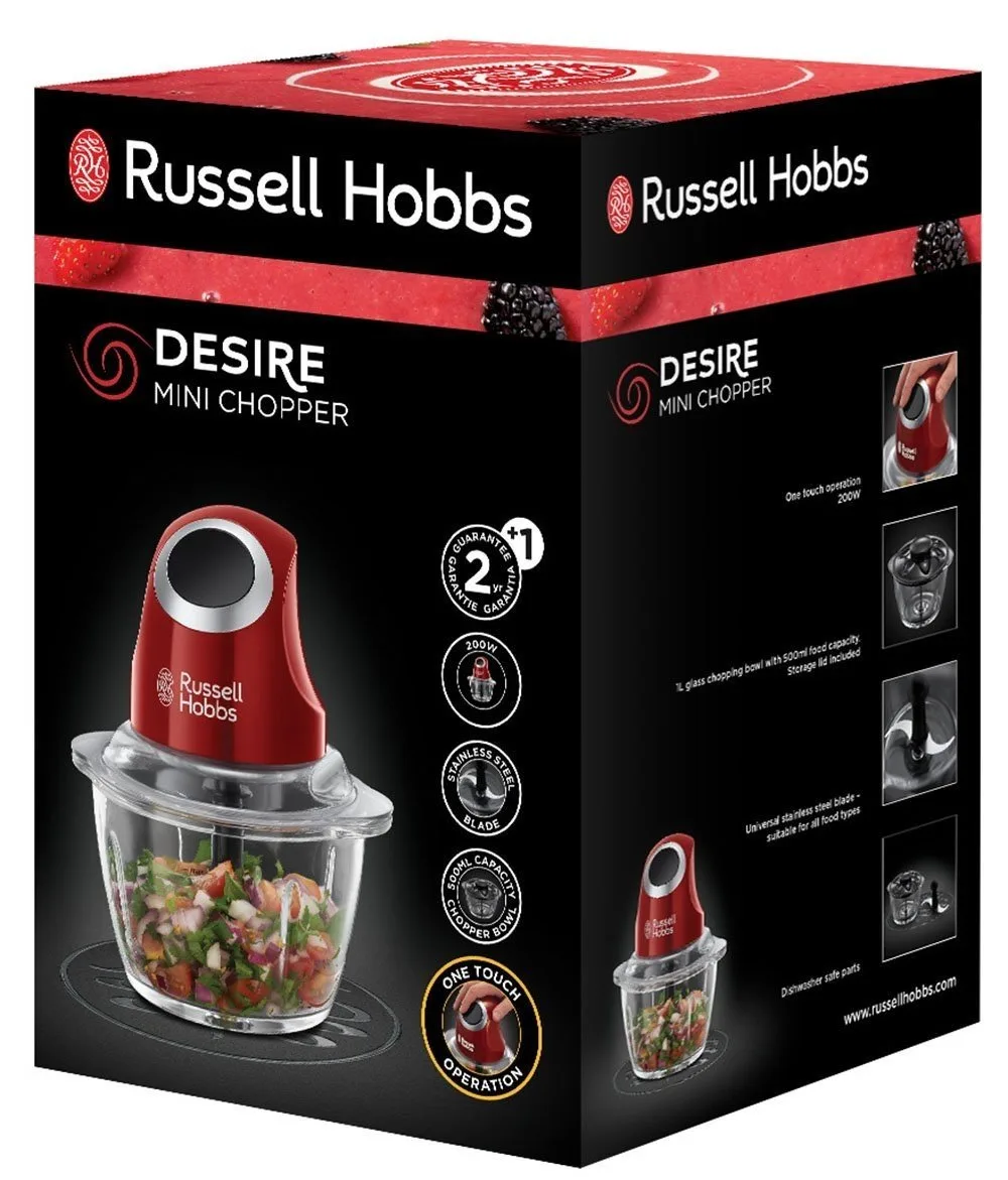 Подрібнювач Russell Hobbs Desire, 200Вт, чаша 1000мл, скляна, пластиковий корпус, червоного кольору.