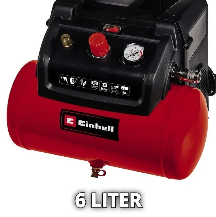Безмасляний повітряний компресор Einhell TC-AC 190/6/8 OF, 1200Вт, 6л, 190л/хв, 8бар, 8.9кг