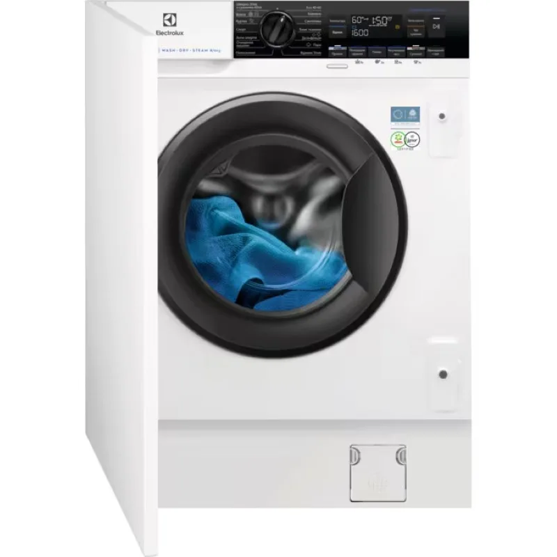 Встроенная передняя стирально-сушильная машина Electrolux, 8(4) кг, 1600 об/мин, класс энергопотребления D, 54 см, с дисплеем, функцией пара и инверторным двигателем, белая