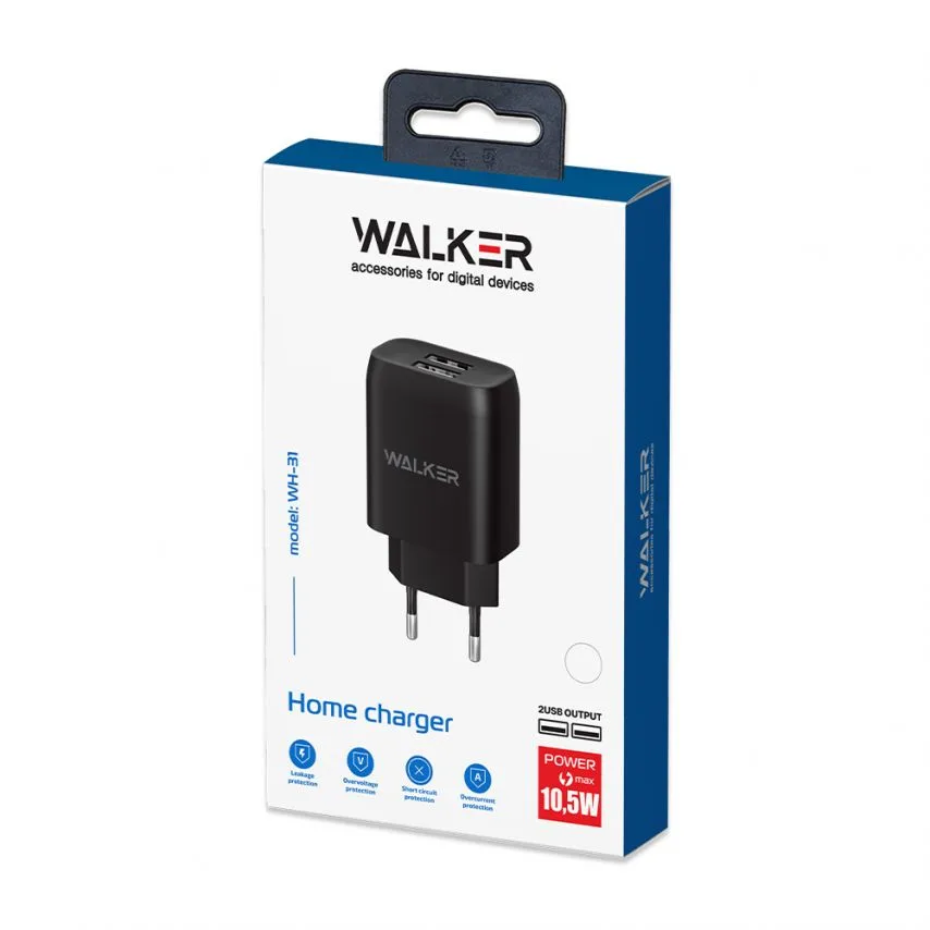 Мережевий зарядний пристрій WALKER пластик 68х40х22 мм чорний 2USB 2.1A