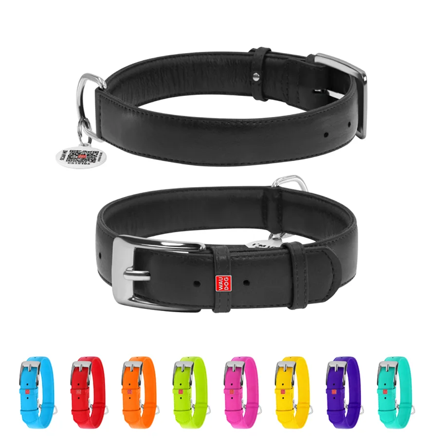 Нашийник WAUDOG Glamour шкіряний XL 46-60 см 35 мм чорний з QR паспортом