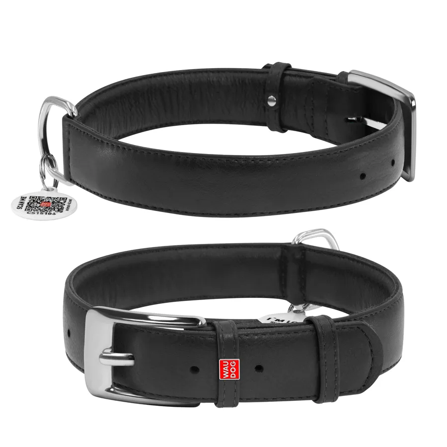 Нашийник WAUDOG Glamour шкіряний XL 46-60 см 35 мм чорний з QR паспортом