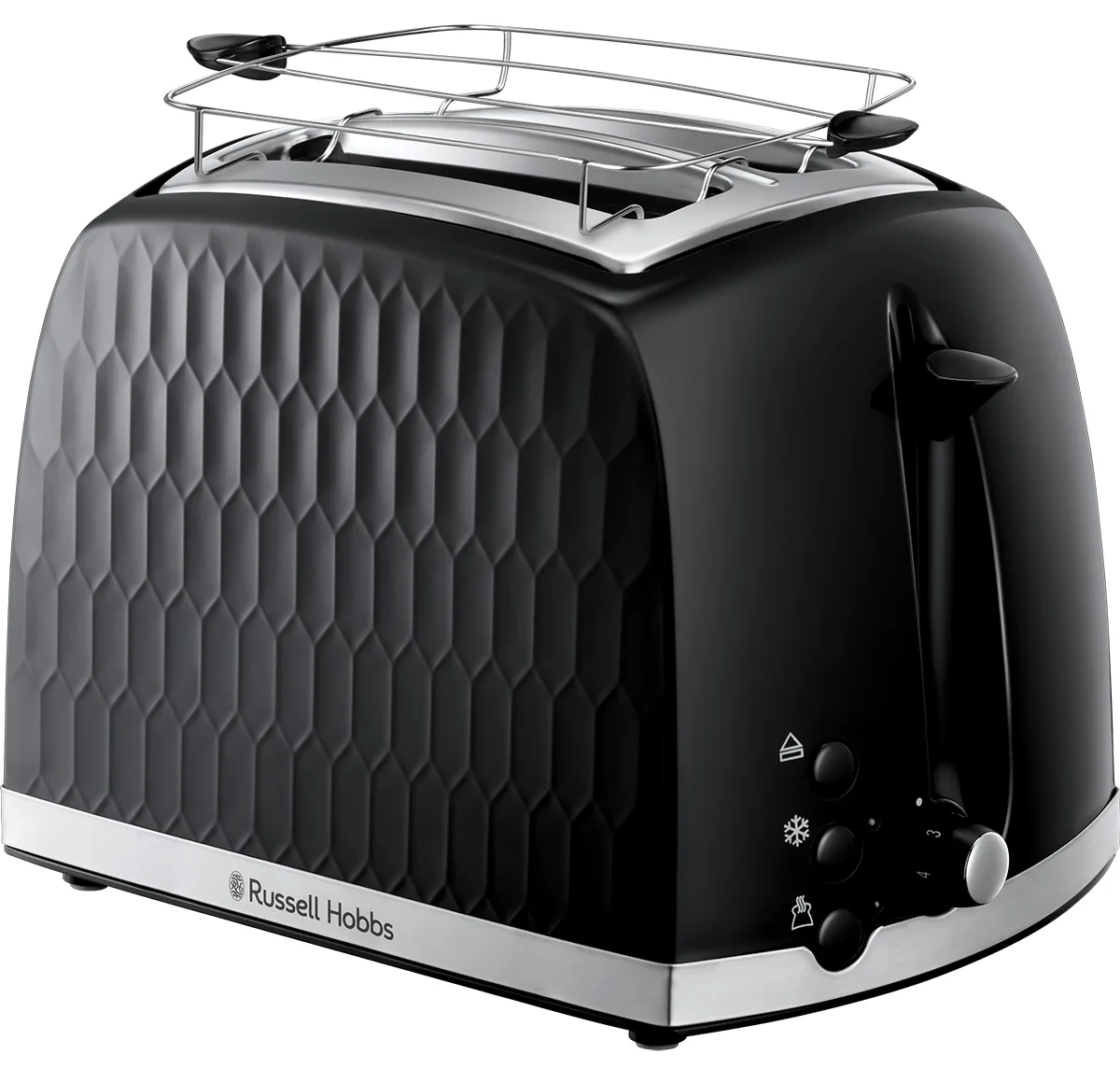 Тостер Russell Hobbs Honeycomb 850Вт, з широкими слотами, пластиковий, чорного кольору.