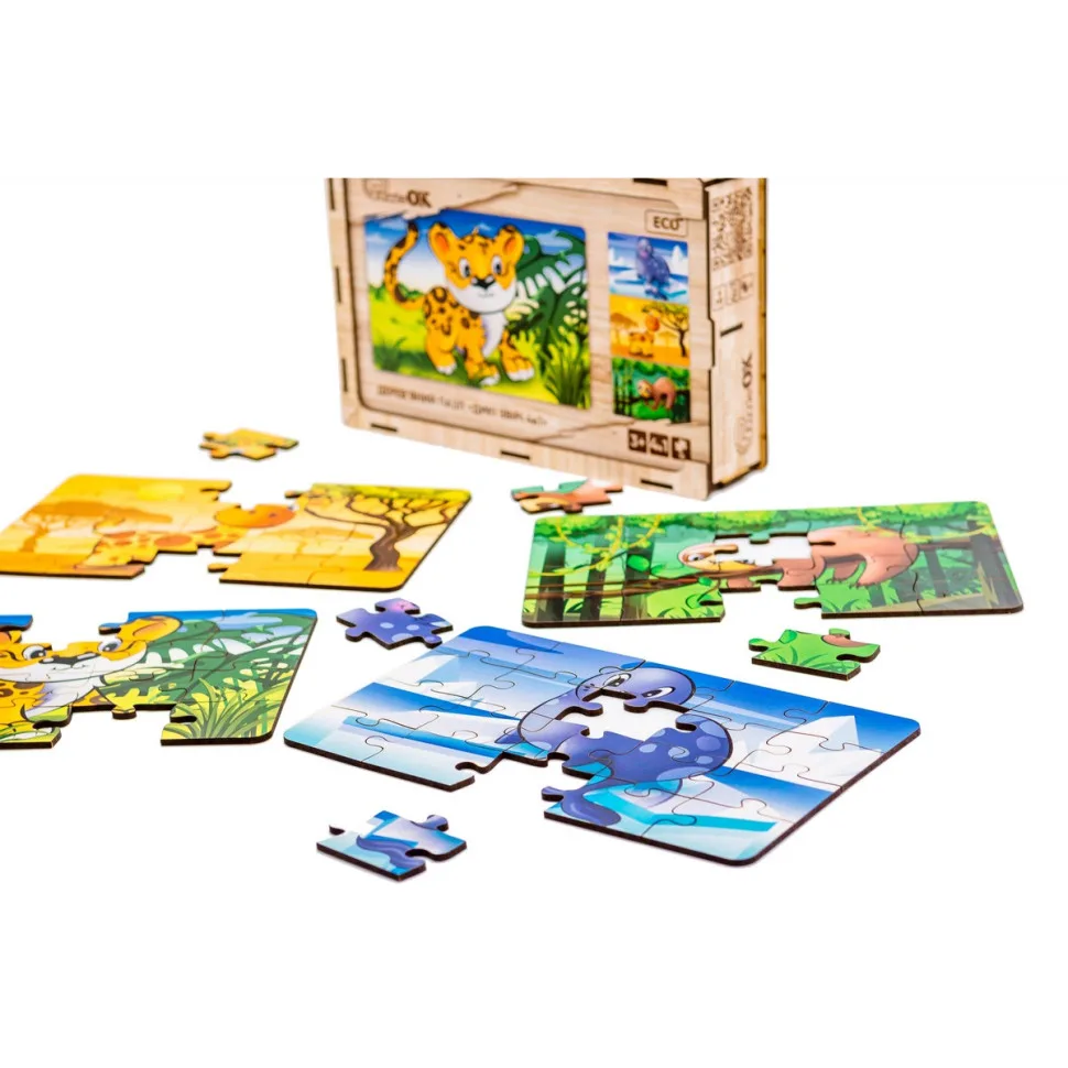 Дерев'яний пазл PuzzleOK 80 елементів 4в1 Дикі тварини Еко 30х30 см