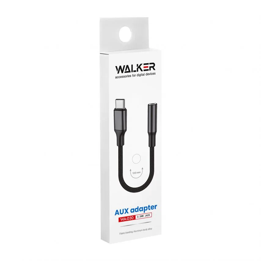 Аудіо-перехідник WALKER тканинний 0,13 м чорний Type-C to AUX 3,5 мм
