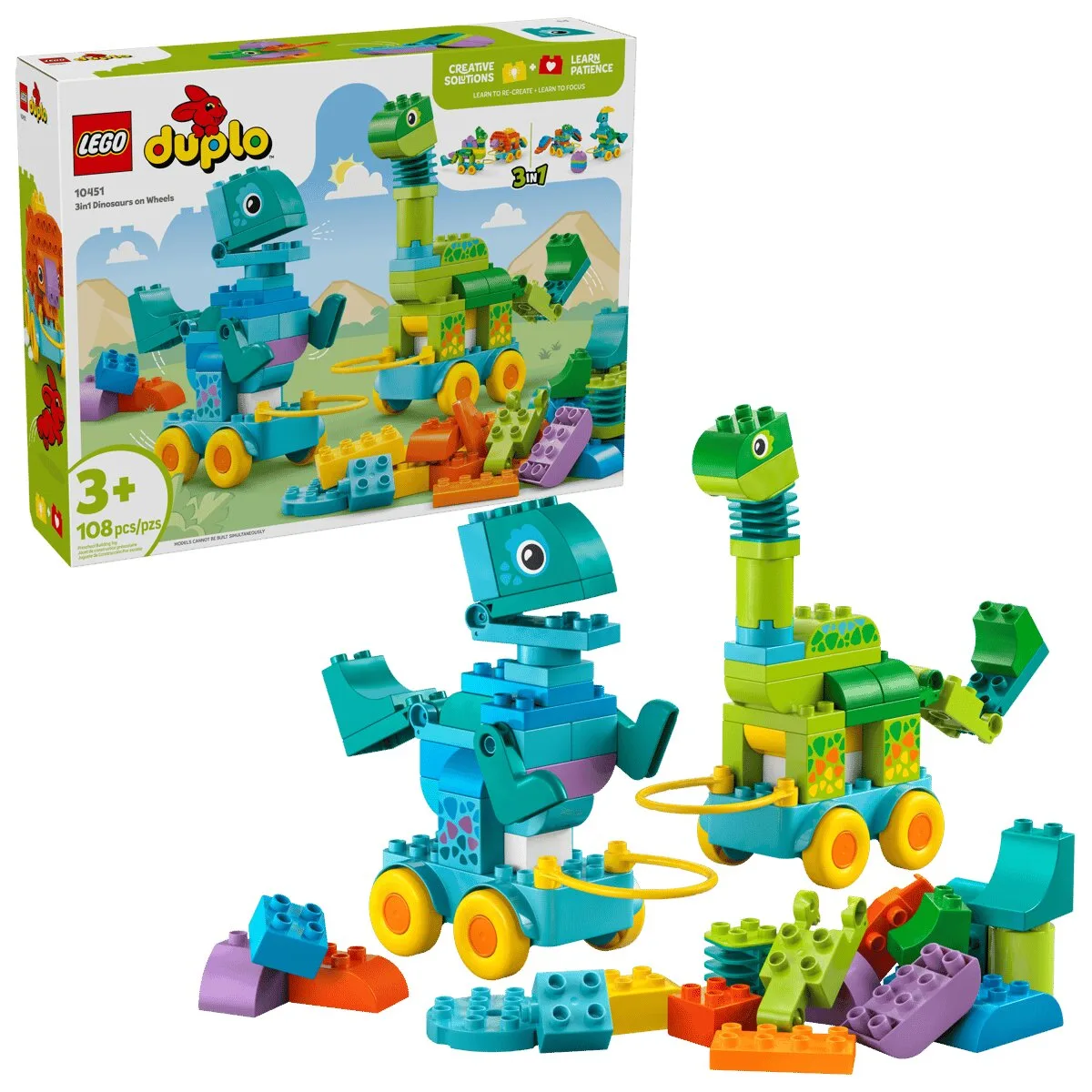 Конструктор LEGO DUPLO 10451 Динозаври на колесах 3в1 різнокольоровий для дітей від 3 років