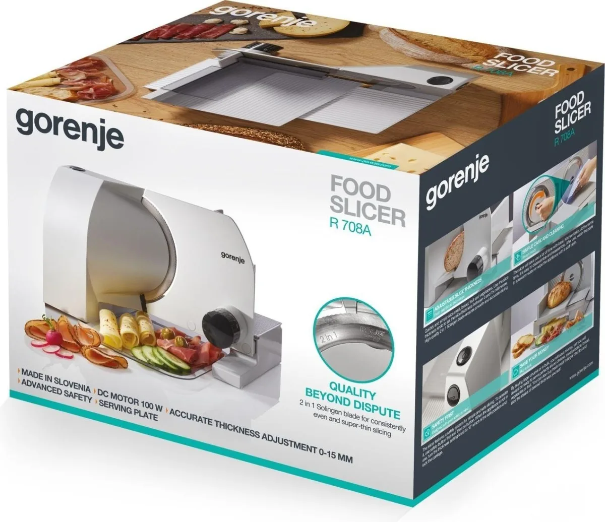 Скиборізка Gorenje, потужність 100 Вт, лезо з нержавіючої сталі, діаметр ножа 170 мм, корпус з металу та пластику, сірого кольору.