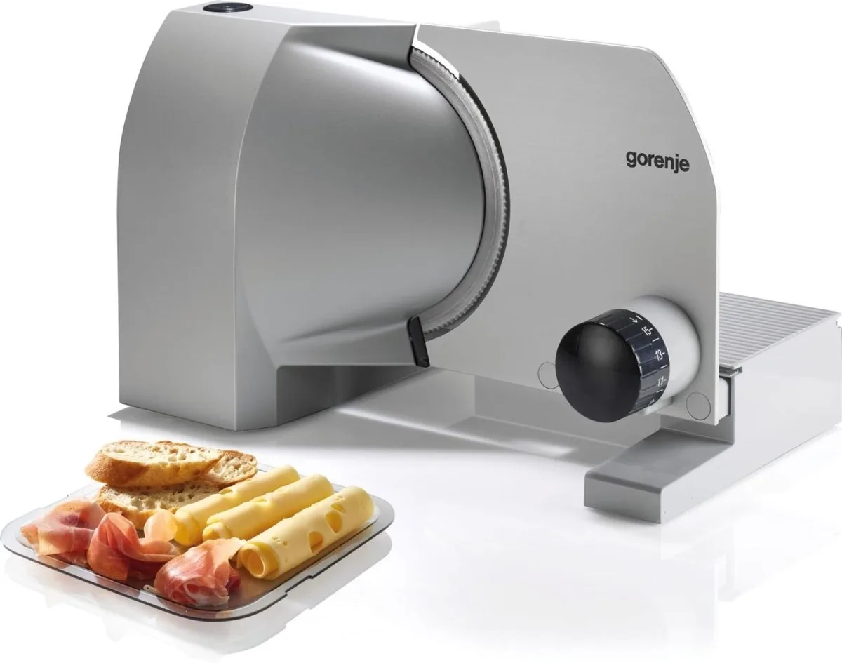 Скиборізка Gorenje, потужність 100 Вт, лезо з нержавіючої сталі, діаметр ножа 170 мм, корпус з металу та пластику, сірого кольору.