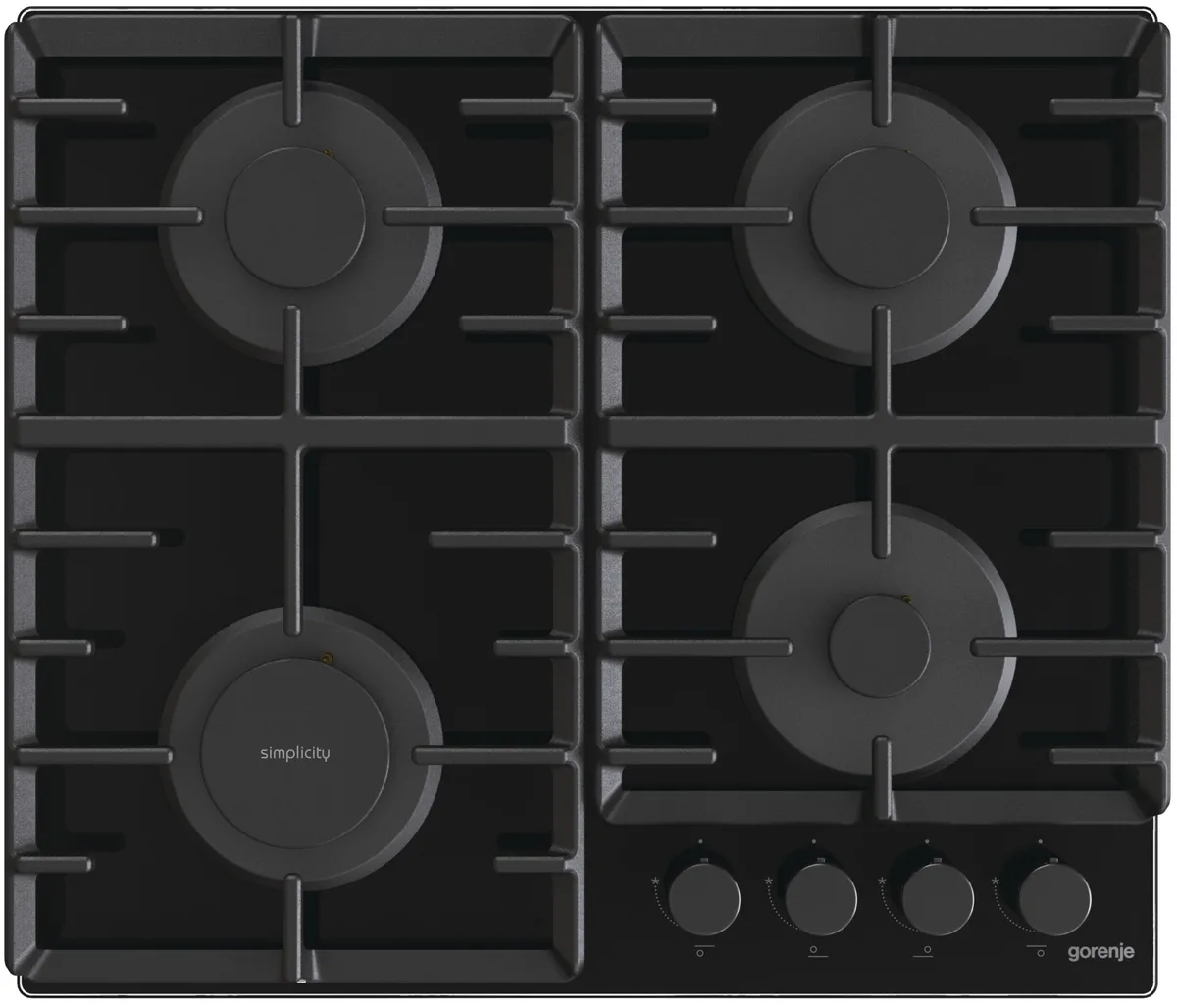 Газова варильна поверхня Gorenje на склі, 60 см, з чавунними решітками, чорного кольору.