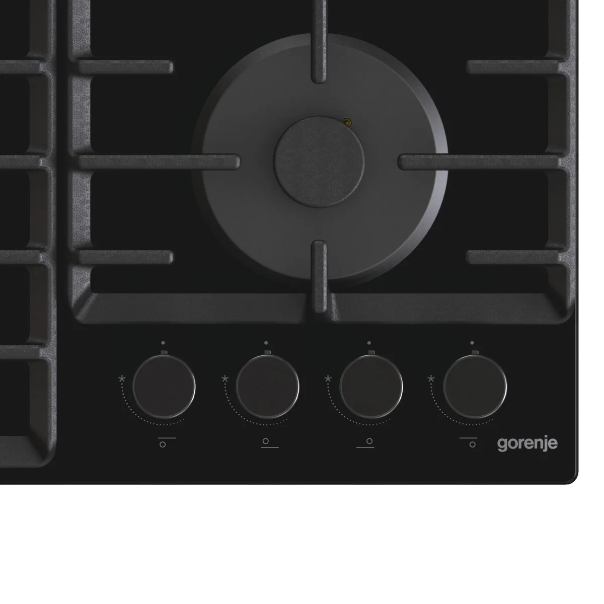 Газовая варочная поверхность Gorenje на стекле, 60 см, с чугунными решетками, черного цвета.