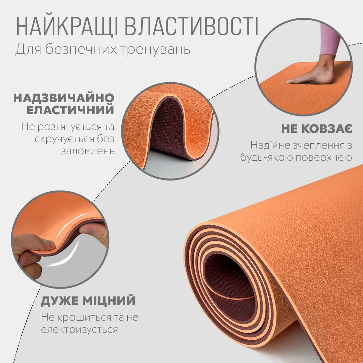 Коврик для йоги та фітнесу EasyFit TPE 183х61 см персиково-коричневий 6 мм