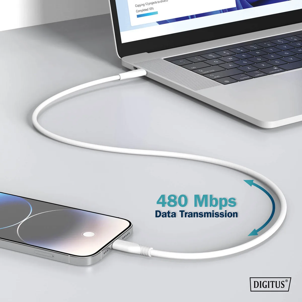 Кабель DIGITUS USB-C > Lightning заряджання/синхронізації, USB 2.0, 60W, силіконовий, 1м, білий