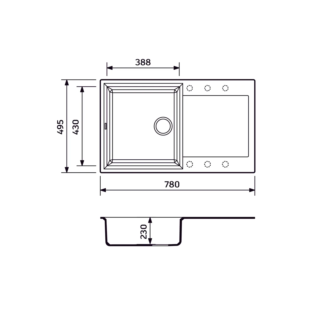 Кухонная мойка Adamant Horizon из искусственного камня, прямоугольная, с боковым крылом, размеры 780х495х230 мм, однокамерная, врезная, черного цвета