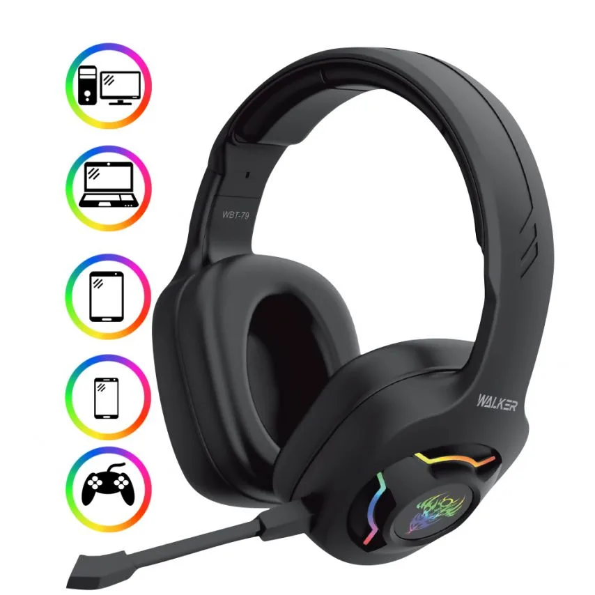 Ігрові навушники Bluetooth WALKER чорні накладні з RGB підсвіткою 40 мм