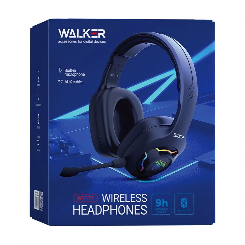 Ігрові навушники Bluetooth WALKER чорні накладні з RGB підсвіткою 40 мм