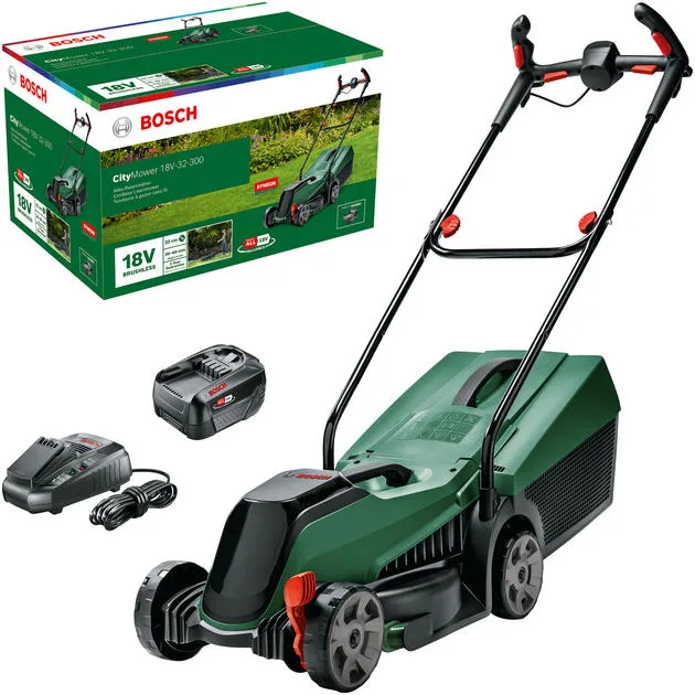 Акумуляторна газонокосарка Bosch CityMower 18V-32-300: 18В, 1х4А·год, ширина косіння 34 см, об'єм травозбірника 31 л, висота різу