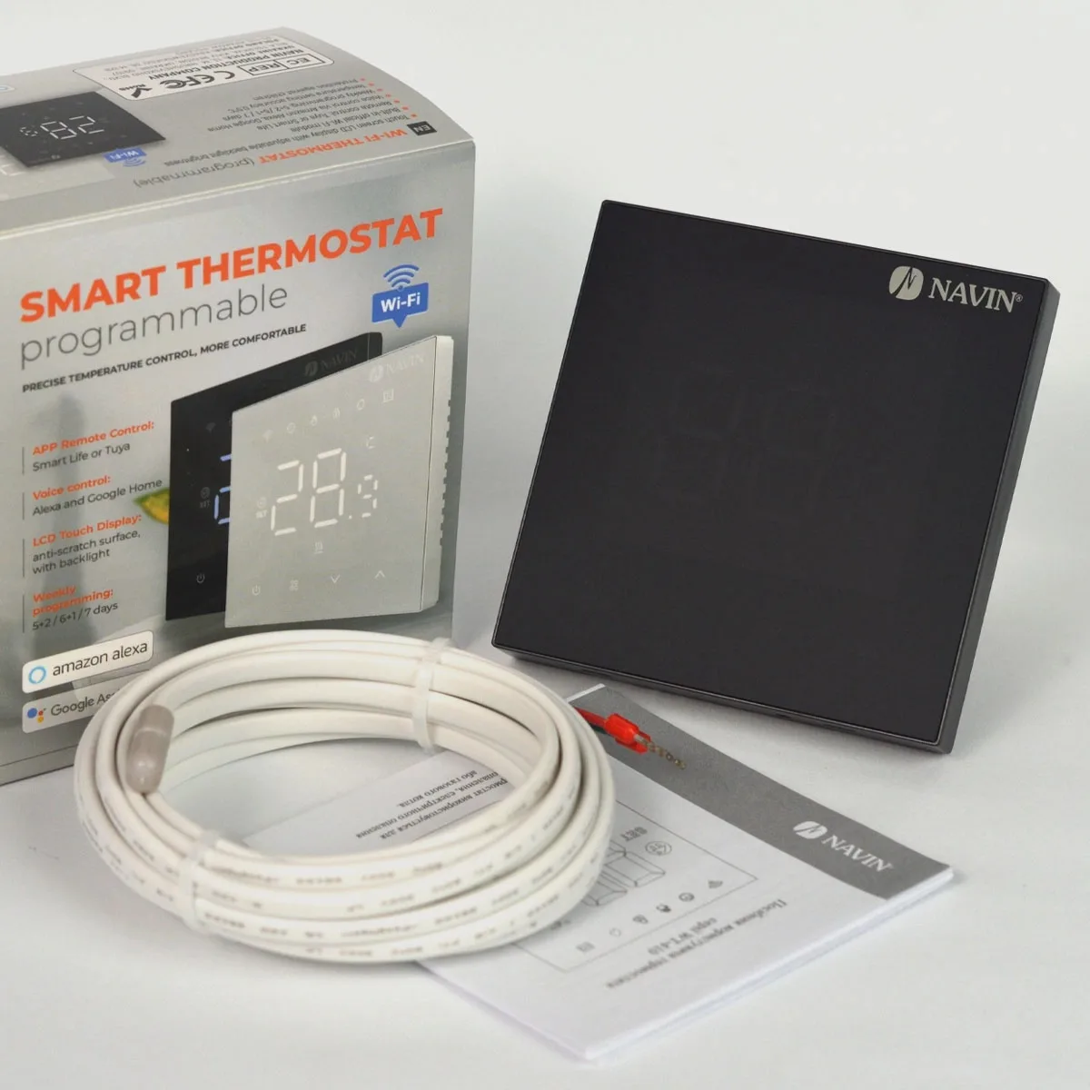 Терморегулятор Navin WT410B-16А 5...35 °C для теплої підлоги електронний Wi-Fi Tuya, Smart Life вбудований дротовий датчик 16A 230В чорний