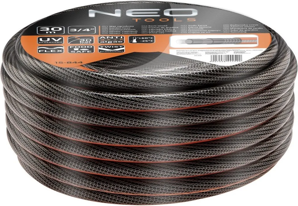 Садовий шланг Neo Tools Professional, 3/4", 30м, 6 шарів, витримує тиск до 30 бар, температурний діапазон -25...+60°C.