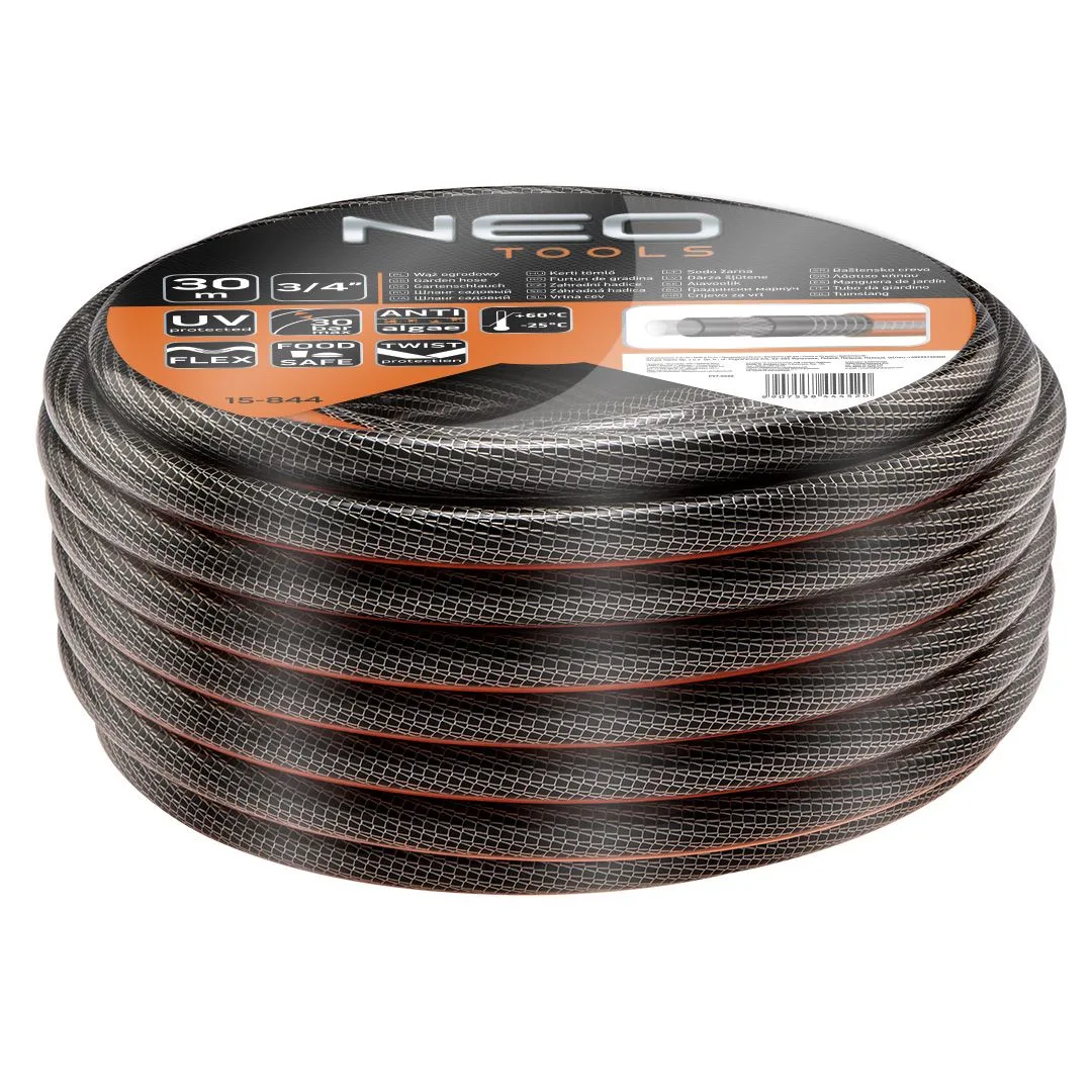 Садовый шланг Neo Tools Professional, 3/4", 30м, 6 слоев, выдерживает давление до 30 бар, температурный диапазон -25+60°C